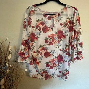 Ladies Floral Mesh Top with Ruffled Sleeves - size 2X